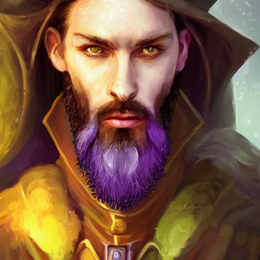 Image similar to A professional digital portrait painting of a D&D druid, painted in the style of Arcane, 4k, digital art, trending on cgsociety, highly detailed, upper body shot, shallow depth of field, purple and yellow lighting, professional lighting, airbrush,