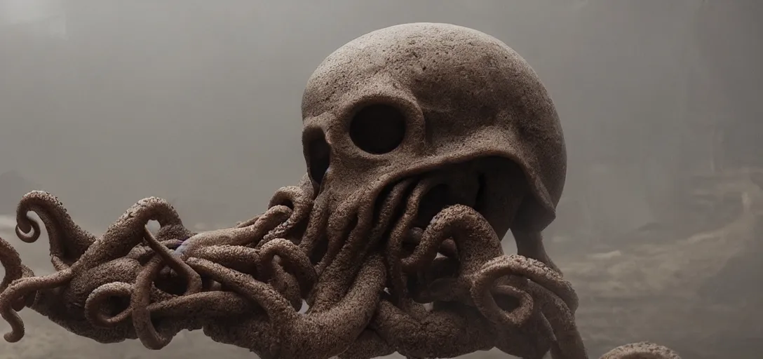 Prompt: a [ ceramic ] octopus in the shape of a skull, foggy, cinematic shot, photo still from movie by denis villeneuve, wayne barlowe