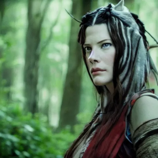 Prompt: liv tyler as live action princess mononoke, still frame, sharp focus, cinematic, filmic