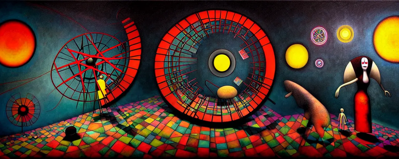 Image similar to hedonic treadmill, dark uncanny surreal painting by ronny khalil, shaun tan, and kandinsky, ixions wheel