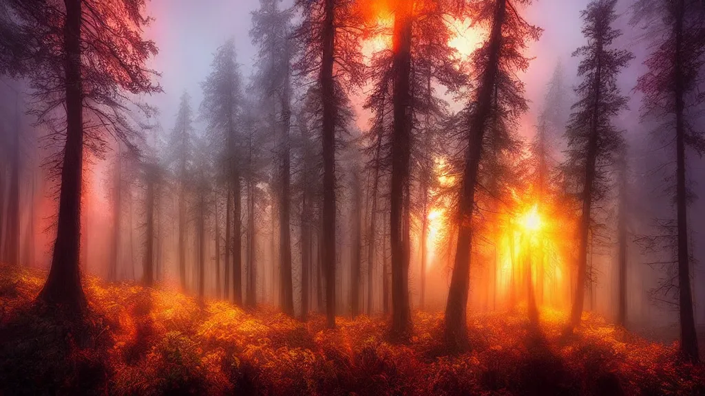 Prompt: amazing landscape photo of a forest in sunset by marc adamus, beautiful dramatic lighting