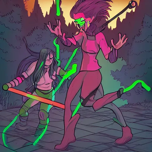Prompt: comic book cover of a ( woman with long hair swinging ( neon sword ) ) and ( soldier with ( glowing gloves and boots ) ) fighting a ( shadow demon creature ) in a forest, illustration, studio ghibli, inked, epic, fantasy, professional