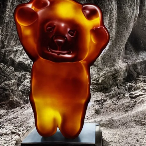 Image similar to a stunning image of a giant gummy bear on a pedestal, many people worshipping, dark cave like surrounding.