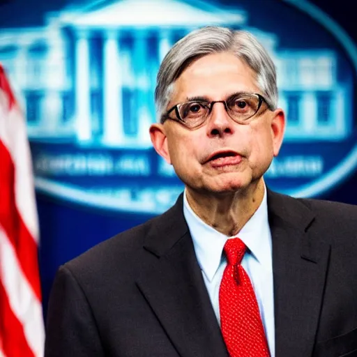 Image similar to merrick garland making a major announcement regarding a recent raid