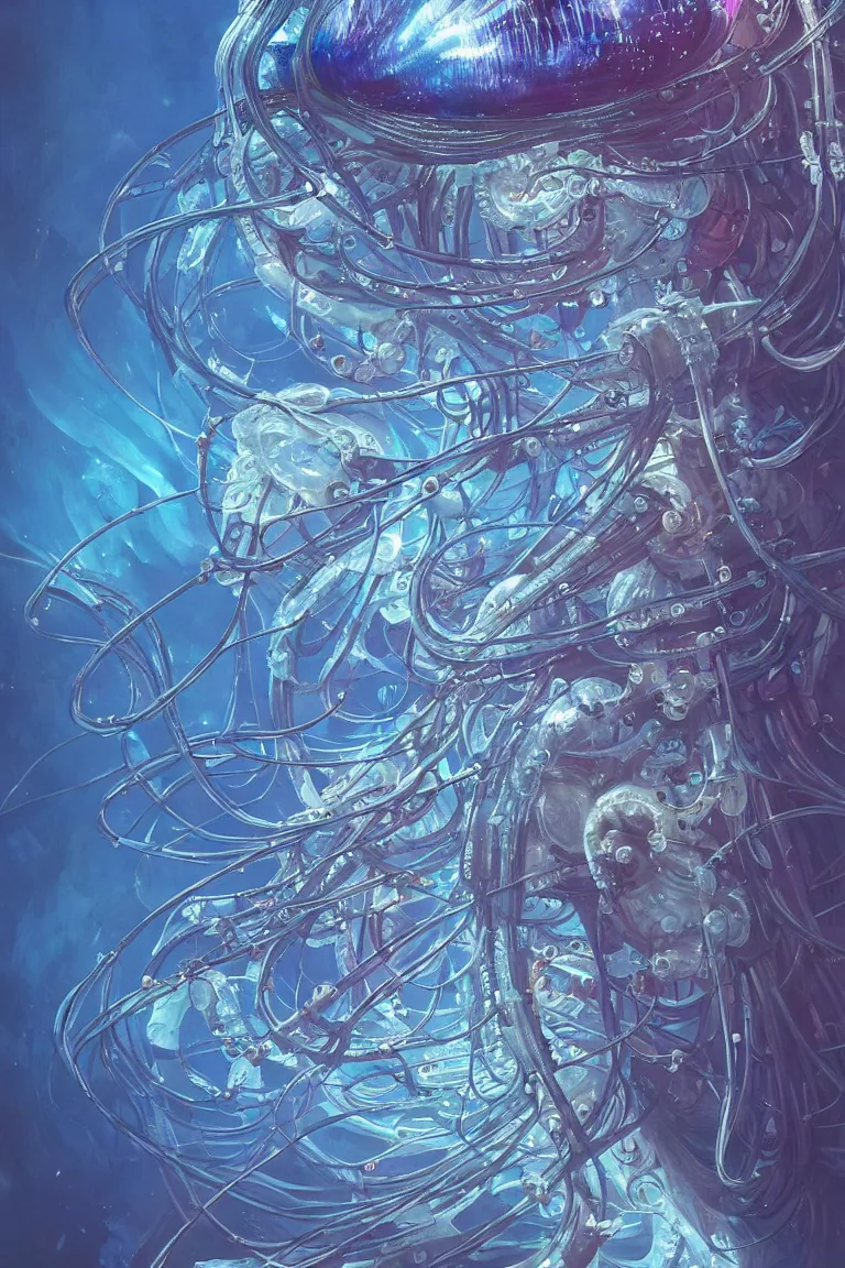 Image similar to a hyper detailed painting of a cyberpunk jellyfish, cables everywhere, blue tones, underwater, highly detailed, digital painting, artstation, concept art, smooth, sharp focus, illustration, art by artgerm and greg rutkowski and alphonse mucha