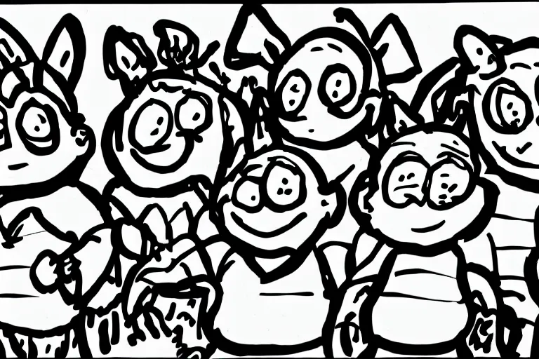 Image similar to black and white simple ms paint doodle of group portrait of grey goblins looking funny looking smug
