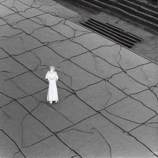 Image similar to thin, blonde women, lost on a labyrinth of concret building, photograph, 1992, Minsk