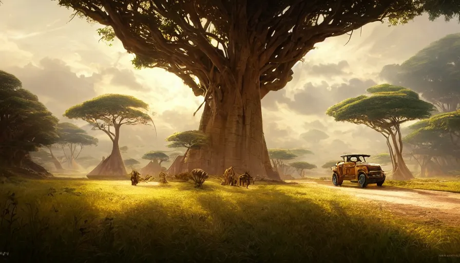 Image similar to mahindra that driving through madagascar road with baobabs trees, animals running along, artgerm and greg rutkowski and alphonse mucha, an epic fantasy, volumetric light, detailed, establishing shot, an epic fantasy, trending on art station, octane render, midsommar