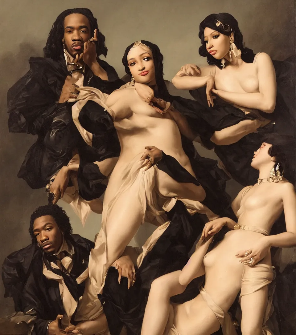 Image similar to portrait of cardi b and offset in the style of roberto ferri