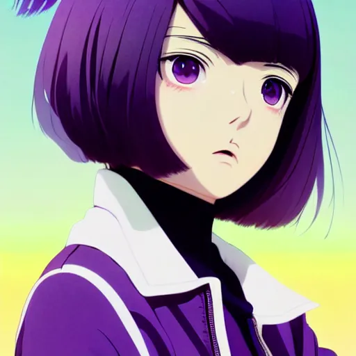 Image similar to anime poster film still portrait, young woman, black woman, purple colored eyes, purple colored eyes, white french bob, green colored bomber jacket, detailed facial features, dynamic pose, cute face by ilya kuvshinov, yoh yoshinari, makoto shinkai, rimlight, cel shaded, 4 k