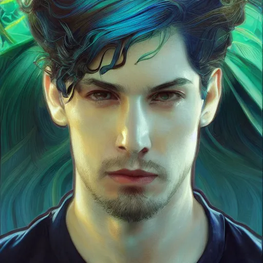 Image similar to Portrait of adult boy, blue hair flowing, green eyes, intricate, elegant, highly detailed, digital painting, artstation, concept art, smooth, sharp focus, illustration, art by artgerm and greg rutkowski and alphonse mucha