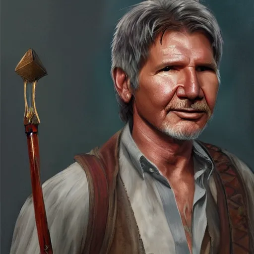 Image similar to a full body high detail fantasy portrait oil painting illustration of harrison ford as an elegant male bard by justin sweet with face and body clearly visible, in a scenic background, pupils visible, realistic proportions, d & d, rpg, forgotten realms, artstation trending, high quality, sombre mood, muted colours
