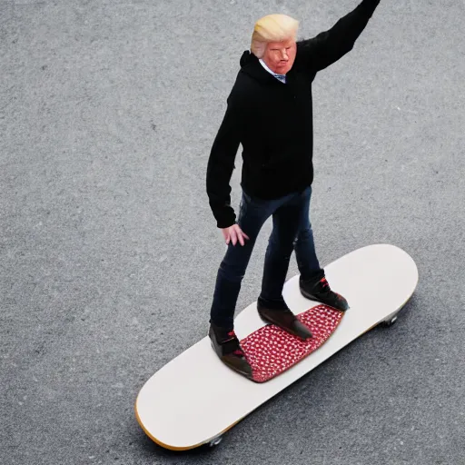 Image similar to cinematic shot of donald trump holding a skateboard, white hoodie, black jeans,