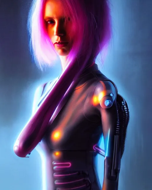 Image similar to a portrait of a beautiful young 28th century super cool post-human female with long neon like hair, barely human and largely biomechanical machine, hyper-realistic cyberpunk style, image by tom bagshaw , IKuvshinov Ily, photos by Annie Leibovitz, moody, models by 500px, dramatic cinematic lighting rendered by octane, 8k, detailed, intricate, clean and textures, trending on artstation, deviantart google images, pinterest