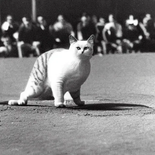 Prompt: a large crowd watch intently as a cat throws the first ball of a baseball game