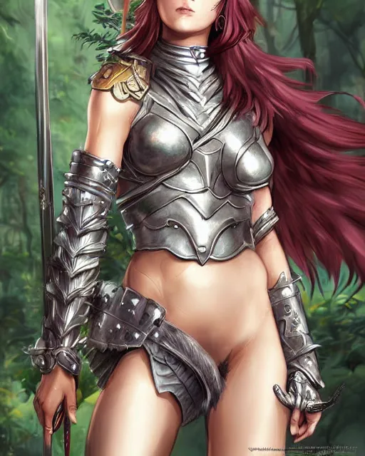 Image similar to digital art of a warrior woman in a jungle wearing silver medieval knights armor, character art, by wlop, by yoshitaka amano, detailed body and face, beautiful face, anime style, 4 k, dnd