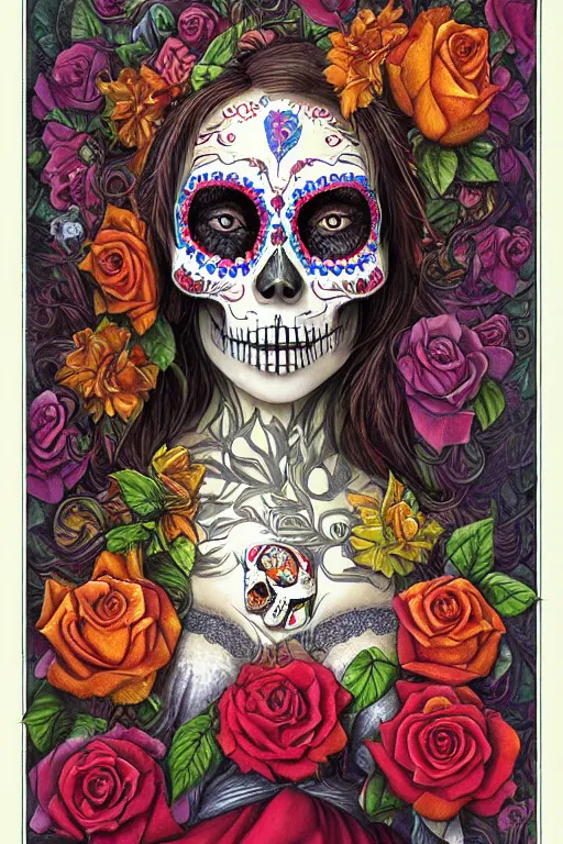 Image similar to Illustration of a sugar skull day of the dead girl, art by Andrew Ferez