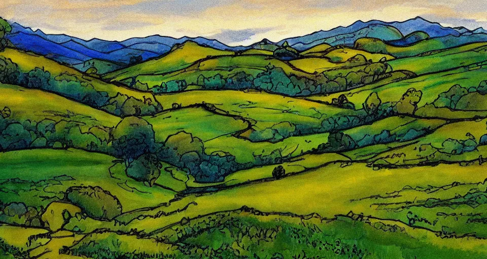 Image similar to Masterfully drawn mspaint art piece of rolling hills painted by J.R.R. Tolkien . Amazing beautiful incredible wow awe-inspiring fantastic masterpiece gorgeous fascinating glorious great.