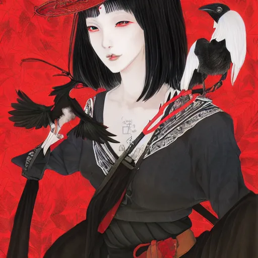 Prompt: portrait of female crow tengu journalist aya shameimaru with short black hair topped with tiny red tokin hat, has black wings, wearing a white shirt and a black and autumn leaf patterned skirt, 4 k digital illustration by ross tran, andrei riabovitchev, marc simonetti, yoshitaka amano