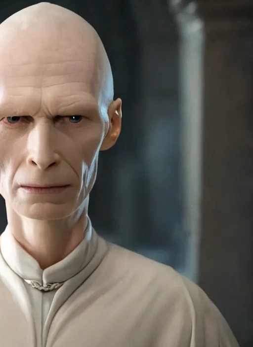 Image similar to film still of tilda swinton as voldemort in harry potter, 4 k