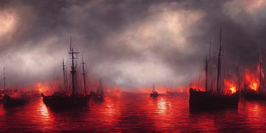 Prompt: Hyper realistic oil painting of several medieval ships burning brightly, pillars of dark smoke rising from the ships, dark red fire burning in the background, red lighting, stormy weather, dark storm clouds above, highly detailed, fog, moody cinematic lighting, atmospheric, dark, by Greg Rutkowski, trending on artstation