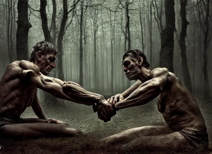 Prompt: photo, arm wrestlers, woodland location, stefan kostic and david cronenberg, realistic, sharp focus, 8 k high definition, intricate, chiaroscuro, elegant, perfect faces, symmetrical face, extremely detailed, hypnotic eyes, realistic, fantasy art, masterpiece zdzislaw beksinski, national geographic, artgerm