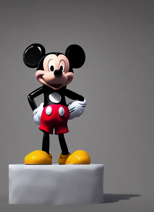 Image similar to stylized shiny latex rubber leather statue full body made of marble of disney character mickey mouse, perfect symmetrical body, perfect symmetrical face, hyper realistic, hyper detailed, by johannen voss, by michelangelo, octane render, blender, 8 k, displayed in pure white studio room