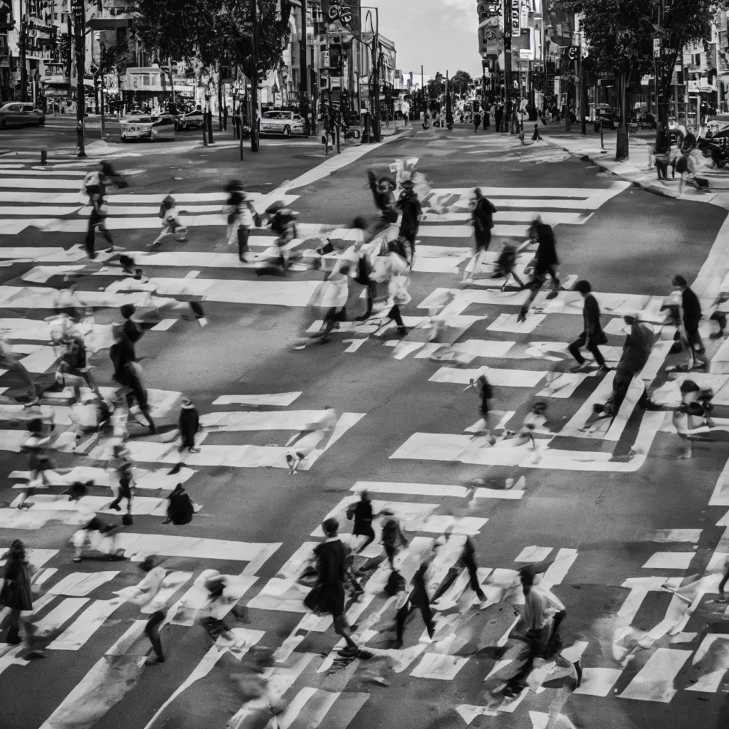 Image similar to a black and white photo of people crossing a street, a tilt shift photo by ned m. seidler, featured on pexels, photorealism, streetscape, anamorphic lens flare, dynamic composition