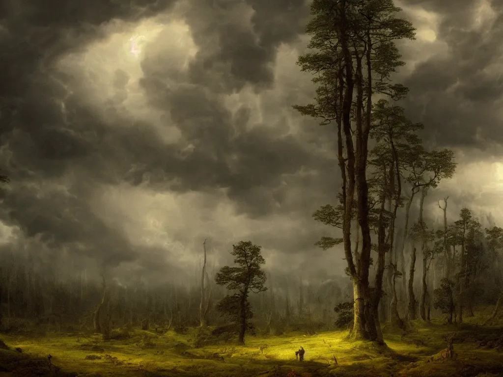 Image similar to detailed landscape, forests. very detailed dark super storm, hyper realistic clouds, impressive, magical, very atmospheric, smoke boiling, cinematic, deep, very high complexity, stunning, masterpiece, chiaroscuro, in the style of caspar david friedrich, very detailed. 4 k