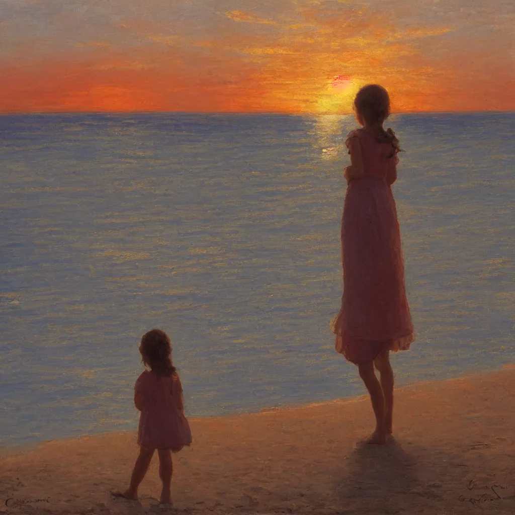 Prompt: a girl on the beach watching a beautiful radiating sunset, Nice France by Claude Lorraine