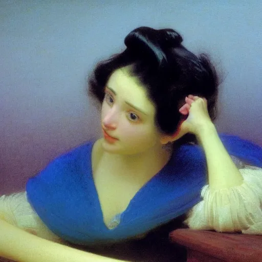 Image similar to a young woman's face, her hair is gold and she wears an cobalt blue satin cloak, by ivan aivazovsky and syd mead and moebius and gaston bussiere and roger dean and pieter claesz and paul delaroche and alma tadema and aelbert cuyp and willem claesz, hyperrealistic, volumetric light, octane render