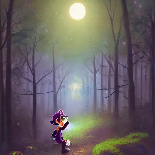 Prompt: an ultra - detailed beautiful painting of waluigi from the mario bros series in a dark forest, moonlight through the trees, oil panting, high resolution 4 k, by ilya kuvshinov, greg rutkowski and makoto shinkai )