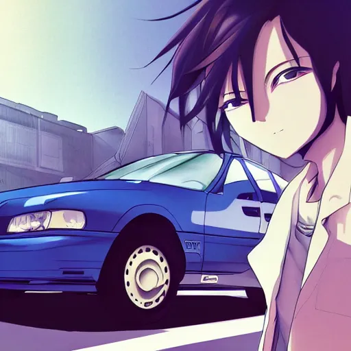Prompt: close up of a high definition anime guy with short dark blue hair and streetwear clothing riding a white 1993 Mazda Astina 323 HB with armenia quindio in the background, Artwork by Makoto Shinkai, pixiv, 8k, official media, wallpaper, hd