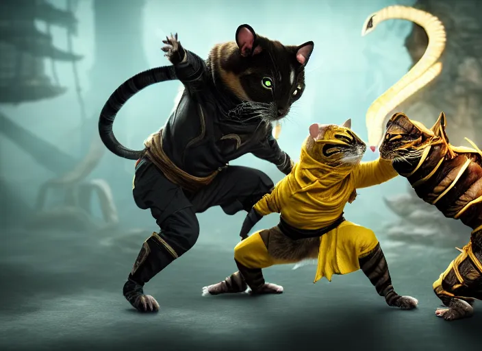 Image similar to hamster dressed as sub zero fights a cat dressed as scorpion in mortal kombat on the background of a laughing shao khan. fantasy magic style. highly detailed 8 k. intricate. lifelike. soft light. sony a 7 r iv 5 5 mm. unreal engine with nanite and path tracing