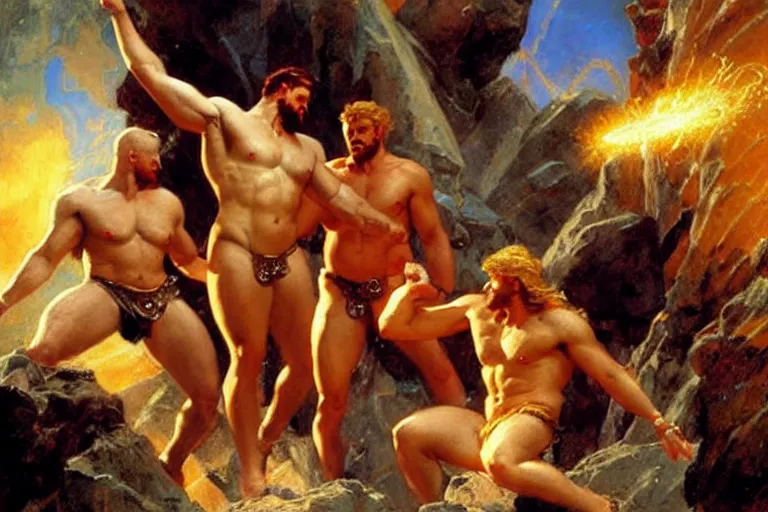 Image similar to zeus banishes ares from olympus, painting by gaston bussiere, craig mullins, j. c. leyendecker, tom of finland