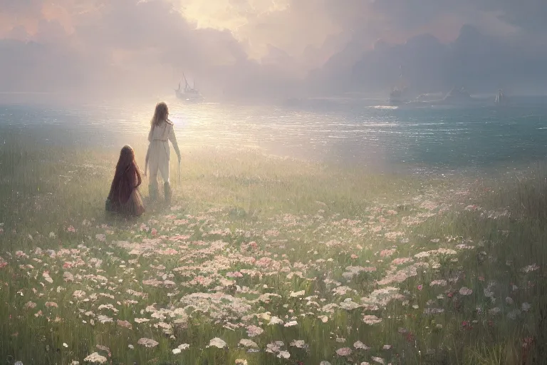 Image similar to a beautiful painting of the sea of flower, boy, girl, by greg rutkowski, trending on artstation