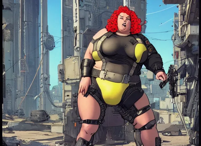Prompt: overweight woman cyberpunk mercenary in tactical gear and jumpsuit. portrait by stonehouse and mœbius and will eisner and gil elvgren and pixar. fat pride poster. dystopian. cyberpunk 2 0 7 7, apex, blade runner 2 0 4 9 concept art. cel shading. attractive face. thick lines.