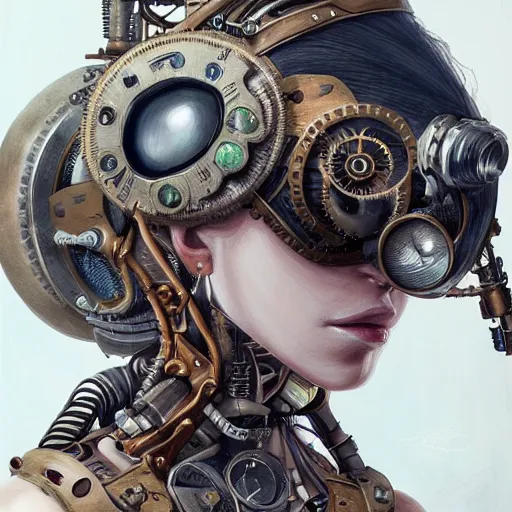 Image similar to portrait painting of a steampunk cyborg mother, transhumanism, ultra realistic, concept art, studio ghibli, intricate details, eerie highly detailed