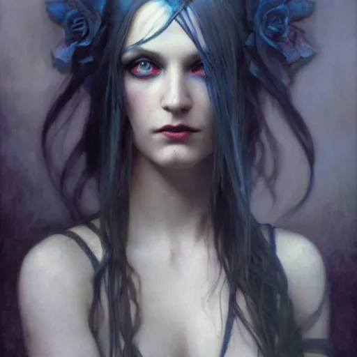 Prompt: dark goth queen with blue eyes, by jeremy mann and alphonse mucha, fantasy art, photo realistic, dynamic lighting, artstation, poster, volumetric lighting, very detailed faces, blue eyes, 4 k, award winning dark, goth, queen, dark fantasy, hyperrealistic portrait, art of elysium, full figure, very detailed face,