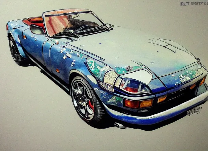 Image similar to beautiful yoshitaka amano art of a datsun fairlady roadster detailed painting