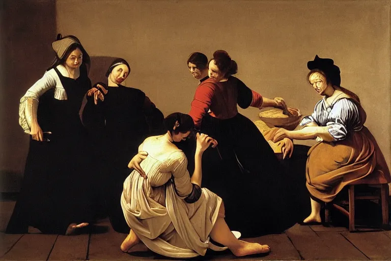 Image similar to 3 women, caravaggio, rubens, pieter de hooch, ary scheffer