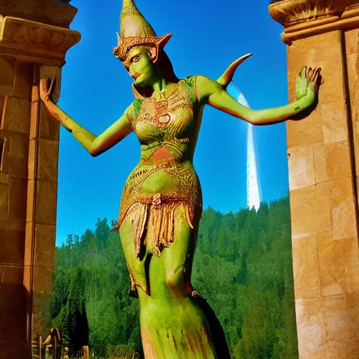 Image similar to The Goddess Asherah standing outside the gates to the emerald city on planet Oz surounded by Elves