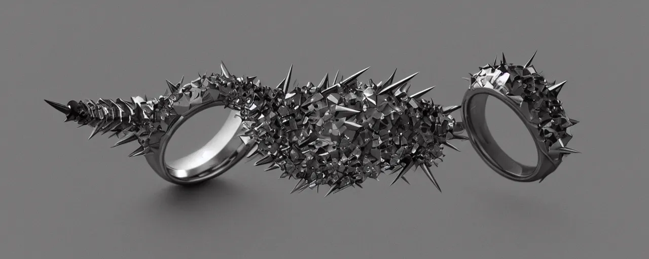 Image similar to tungsten ring with spikes, ring, steel, crystals, smooth shank, engravings, product design, jewelry, art by gerald brom, greg rutkowski and artgerm and james jean and zdzisław beksinski, 8 k, unreal engine, c 4 d