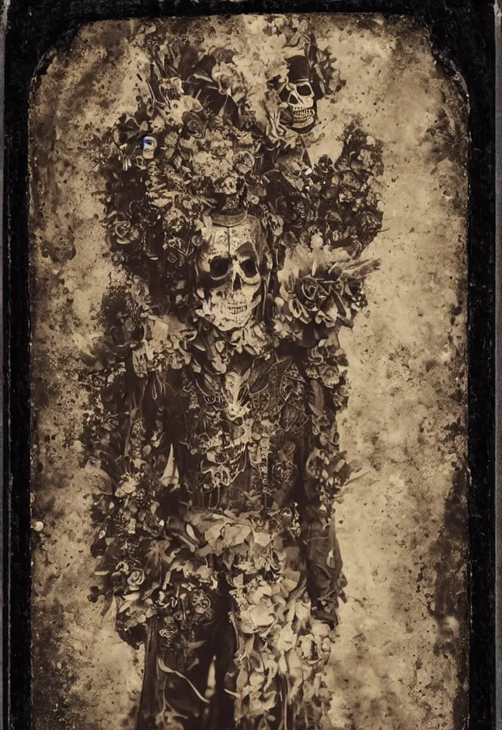 Image similar to tintype full body view, man in dia de muertos suit and make up, horrific beautiful vibe, evocative, atmospheric lighting, painted, intricate, highly detailed,