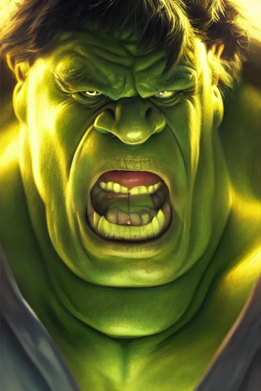 Image similar to Boris Johnson as Hulk, visible face, realistic portrait, gold and blue, highly detailed, digital painting, artstation, concept art, smooth, sharp focus, illustration, cinematic lighting, art by artgerm and greg rutkowski and alphonse mucha