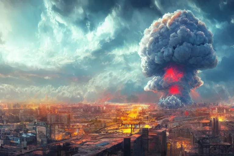 Image similar to a nuclear explosion in a city, artstation, concept art, 4k, beautiful