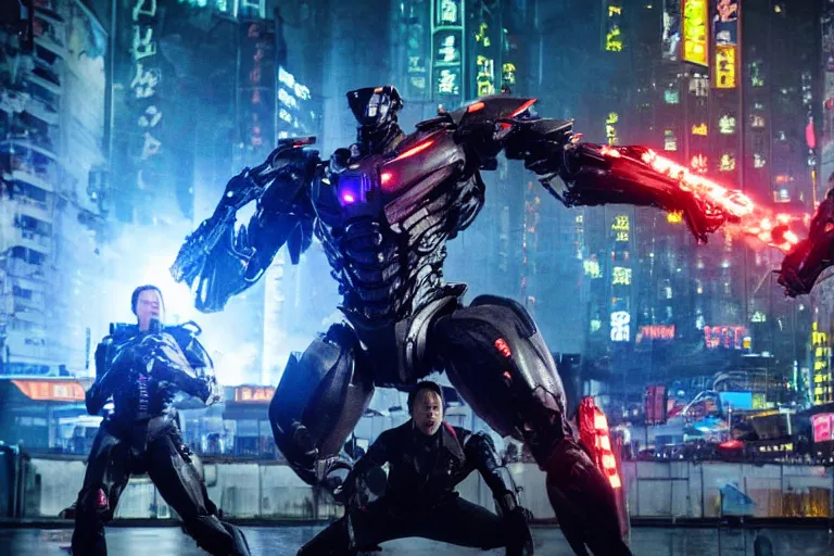 Image similar to film still of the best fight scene from the new pacific rim john wick crossover movie, set in hong kong