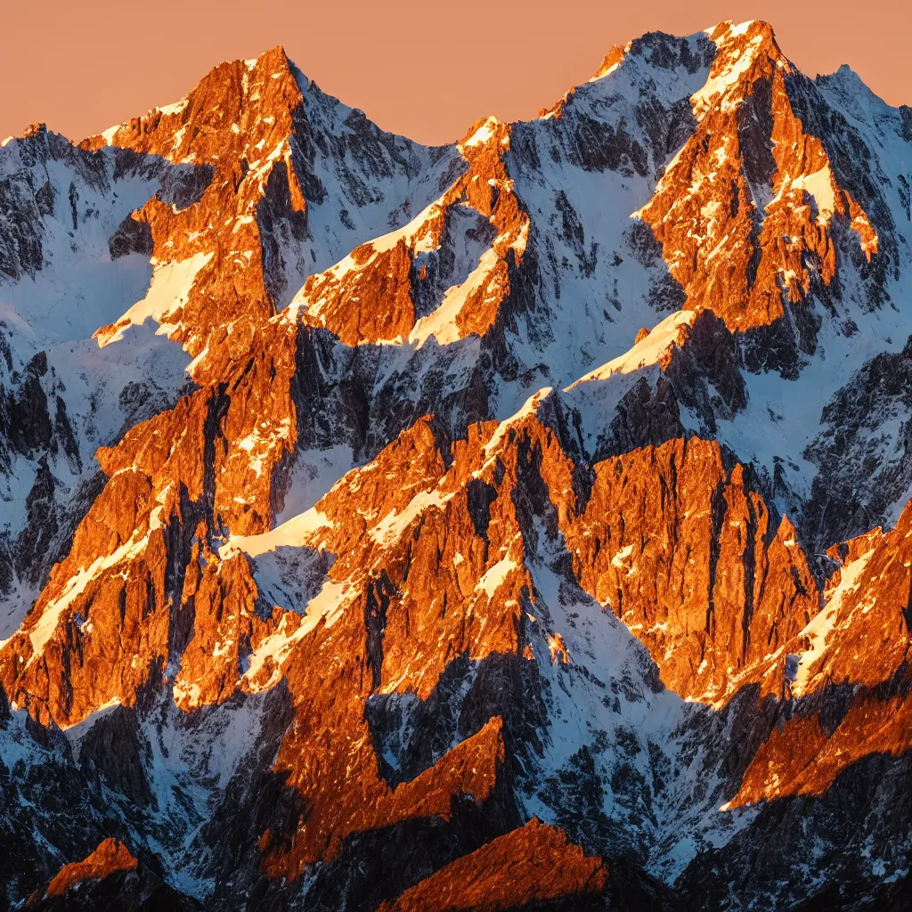 Image similar to towering, otherworldly mountains, golden hour