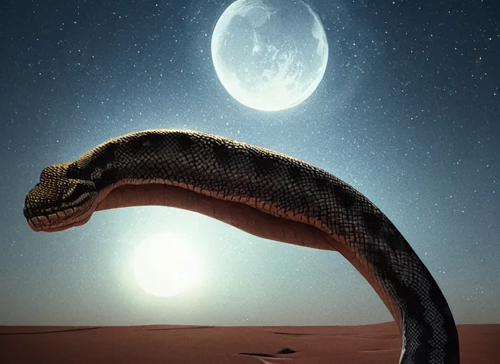 Prompt: giant snake on a moonlit desert, art by artgerm and greg rutkowski, cinematic shot, intricate, ornate, photorealistic, ultra detailed, trending artstaition, realistic, 1 0 0 mm, photography, octane, high definition, depth of field, bokeh, 8 k