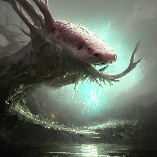 Image similar to highly detailed shocked Axolotl hit by lightning from the sky in a small puddle, thunder, dramatic, dark, fantasy, digital art, hyperrealistic, Greg Rutkowski, Trending on Artstation, highly detailed